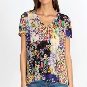 Johnny Was Sky Flower Favorite Short Sleeve V-Neck Patchwork Swing Tee Top XXL